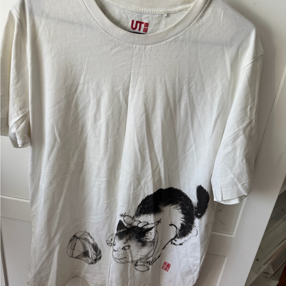 Uniqlo UT White Tee with Black Cat Illustration